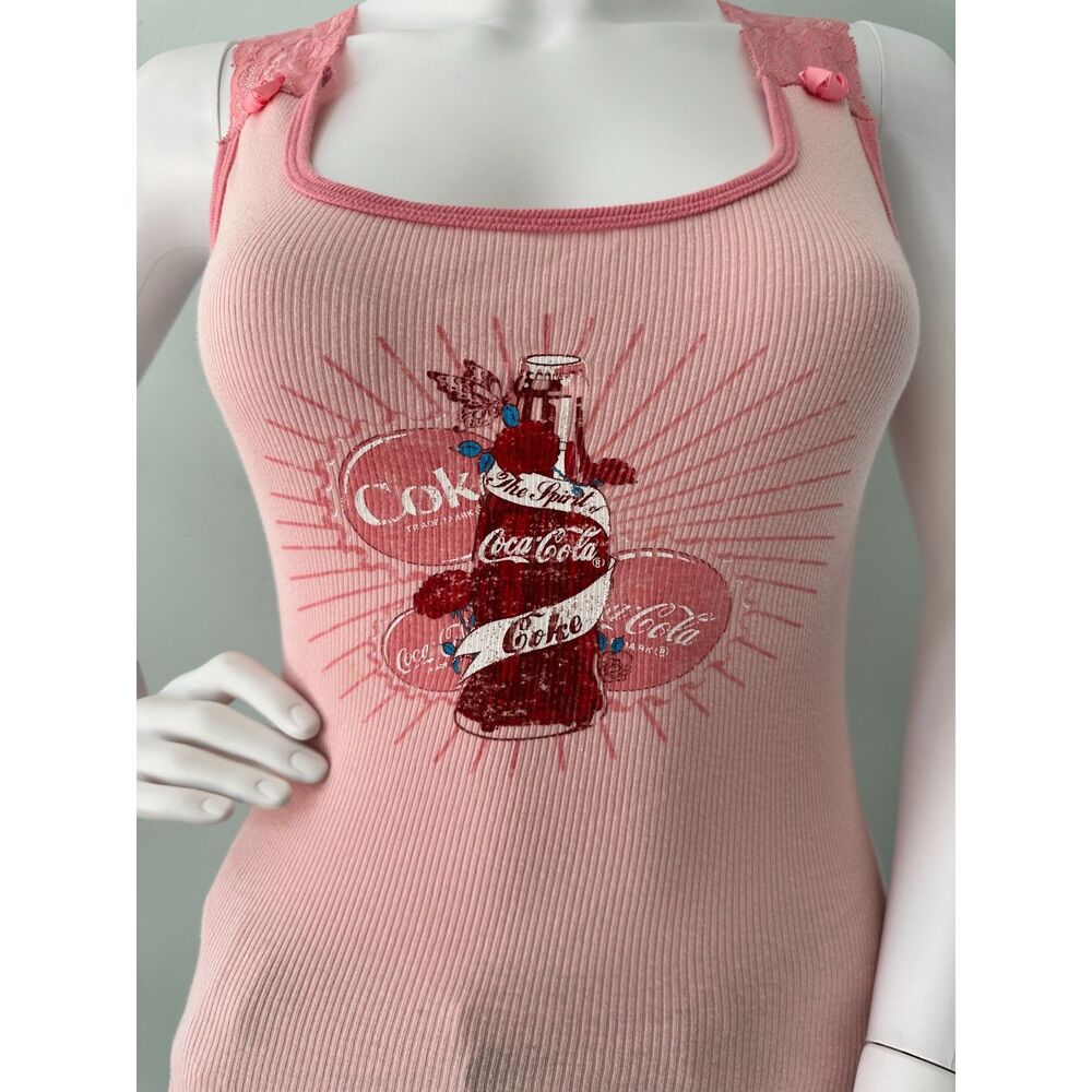 Vintage Y2K Coca-Cola Distressed Graphic Pink Lace Trim Baby Tank Top size XS - Picture 7 of 9